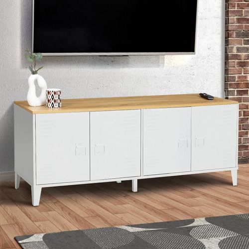 Buffet Bas 140 Cm Ester 4 Portes Métal Blanc Plateau Bois Design Industriel