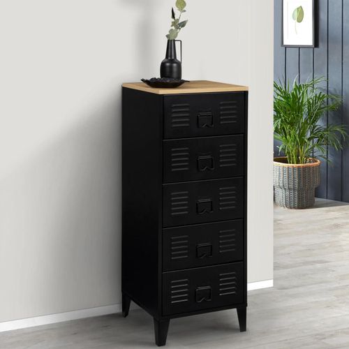 Chiffonnier 5 Tiroirs Ester 40 Cm Métal Noir Et Plateau Façon Hêtre Design Industriel