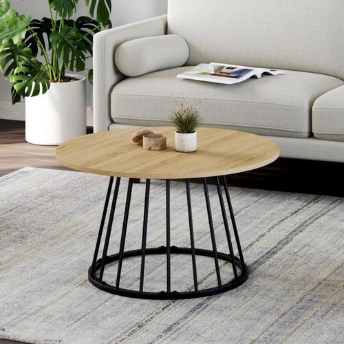 Table Basse Ronde Yuna 70 Cm Plateau Bois Et Pied Filaire En Métal Noir