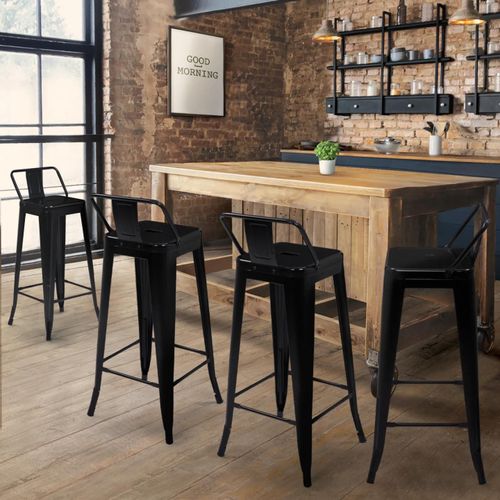 Lot De 4 Tabourets De Bar Leny Métal Noir Mat Et Dossier Aspect Brut Factory