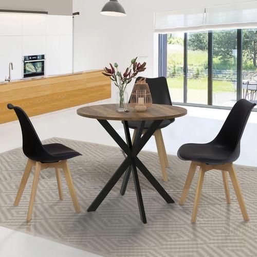 Table À Manger Ronde Alix Plateau Hawkins 2-4 Personnes Pied Araignée Bois Foncé Et Noir 80 Cm