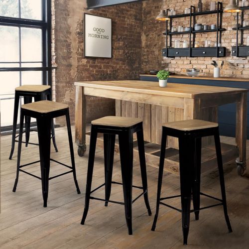 Lot De 4 Tabourets De Bar Leny Métal Noir Mat Assise Bois Empilable Aspect Brut Factory