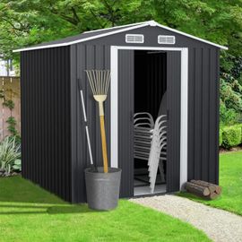 Abri De Jardin 3,7m² Gris En Acier Galvanisé Avec Base