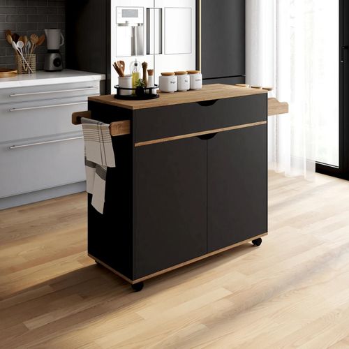 Desserte De Cuisine Cosy Xxl Placard Avec Tiroir Noir Et Plateaux Façon Hêtre L.90 Cm