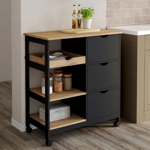 Desserte De Cuisine Muna 3 Paniers + 1 Plateau Amovible Noir Et Effet Hêtre L.76 Cm