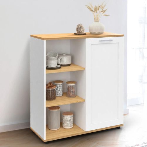 Buffet D'appoint 70 Cm Vito 3 Étagères Et Placard Blanc Et Plateau Bois