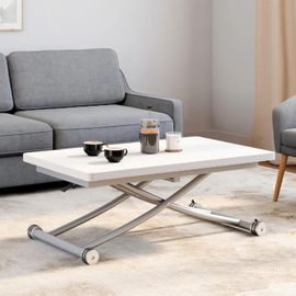 Table Basse 2-En-1 Relevable En Table À Manger 6-8 Personnes Plateau Portefeuille Urbana Plateau Blanc Pied Chrome