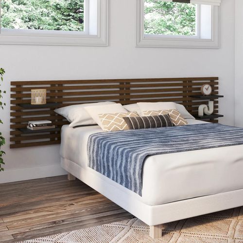 Tête De Lit Lattes Ava 240 Cm Bois Vieilli Et Étagères Noires