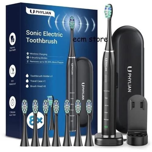 Phylian Sonic Brosse À Dents Électrique Noir Hh06015 Avec 8 Brosses De Rechange, 5 Modes De Brossage