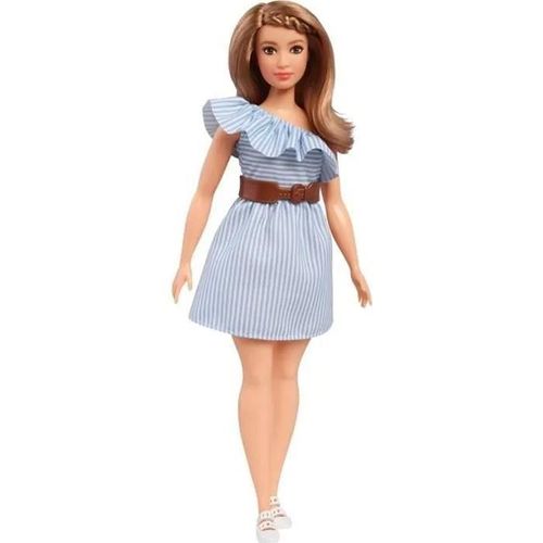 Barbie Fashionistas poupée mannequin #76 blonde avec robe à rayures bleues et ceinture fauve, jouet pour enfant, FJF41