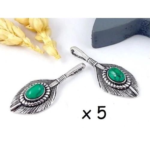 Lot 10 Pendentifs Bohème Plume Argent Vieilli Et Howlite Turquoise 37mm