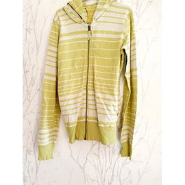Sweat Zippé Et Rayé Vert Et Beige À Capuche