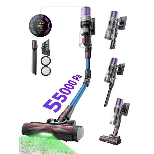 Proscenic Aspirateur balai sans fil P16 - Tube pliable - 55Kpa/550W - Autonomie 55 Min - Brosse à Plancher LED Verte - Bleu