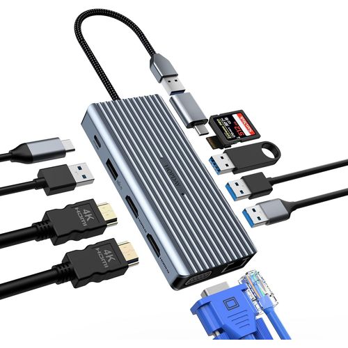 Station D'Accueil Usb C 12 En 1 À Triple Écran, Hub Usb C Via Vga/2 X Hdmi, Adaptateur Usb C (Usb A 3.0,1 G Ethernet, Pd 100 W, Micro 3,5 Mm, Lecteur Sd/Tf)