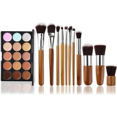 11 Pcs Pinceaux Maquillage Trousse + 15 Couleurs Palette De Maquillage Correcteur Camouflage Crème Cosmétique Set 