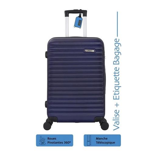 Pack Valise Moyenne 65cm Rigide Airlight Bleu + Étiquette Bagage - Valise Intermédiaire 4 Roues 360 - 30kg - 65L ADC