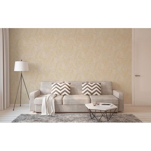 Papier peint nature Profhome 395025-GU papier peint intissé texturé avec des ornements floraux et des accents métalliques blanc beige or 5,33 m2