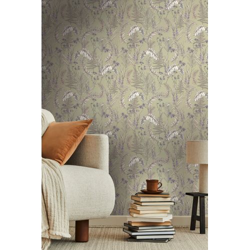 Papier peint floral Profhome 394343-GU papier peint intissé gaufré à chaud légèrement texturé avec des ornements floraux mat gris blanc-crème violet violet 5,33 m2