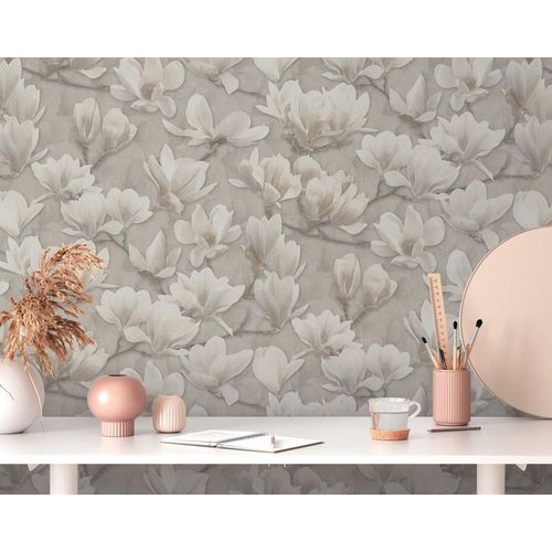 Papier peint floral Profhome 396102-GU papier peint intissé gaufré à chaud légèrement texturé avec des ornements floraux mat beige blanc-crème blanc 5,33 m2