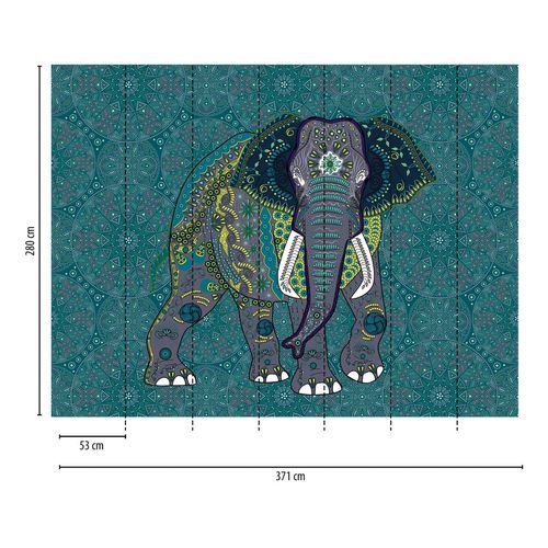 Papier peint photo Profhome 382621-GU papier peint intissé gaufré à chaud lisse avec des éléphants mat bleu gris jaune vert 3,71 m x 2,8 m