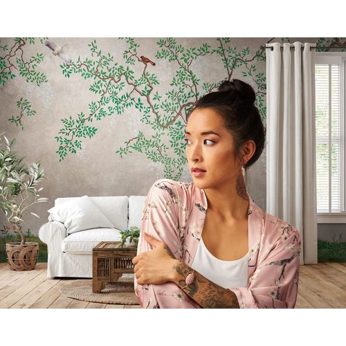 Papier peint photo Profhome 382331-GU papier peint intissé gaufré à chaud lisse avec des motifs d'oiseaux mat gris vert beige blanc 3,71 m x 2,8 m
