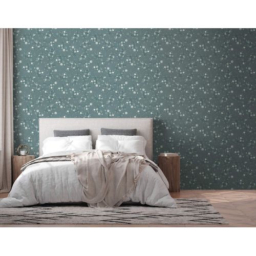 Papier peint style country Profhome 397683-GU papier peint intissé lisse avec des ornements floraux et des accents métalliques vert argent 5,33 m2