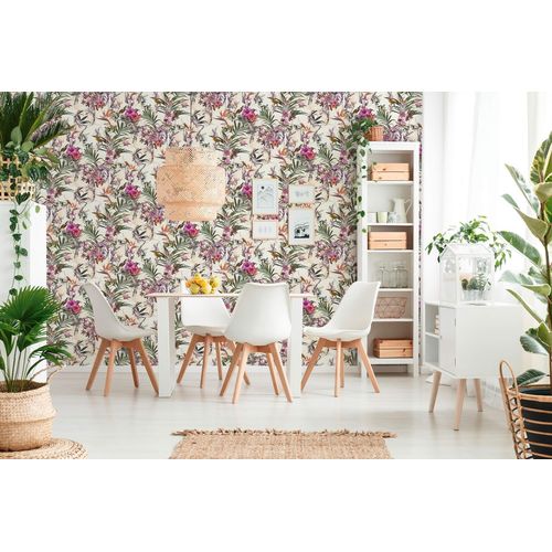 Papier peint floral Profhome 381786-GU papier peint non-tissé lisee sans texture avec des ornements floraux mat crème vert rose beige 5,33 m2