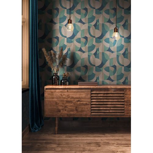 Papier peint rétro Profhome 399322-GU papier peint intissé gaufré à chaud légèrement texturé avec un dessin graphique mat crème beige bleu vert 5,33 m2