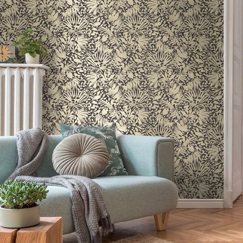 Papier peint de luxe exclusif Profhome 388313-GU papier peint intissé texturé avec des ornements floraux et un effet métallique anthracite or gris 5,33 m2