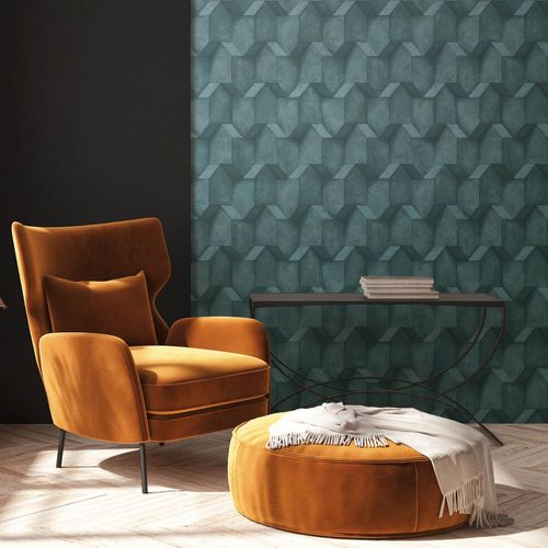 Papier peint 3D Profhome 388271-GU papier peint intissé gaufré à chaud texturé avec des figures géométriques mat bleu pétrole gris 5,33 m2