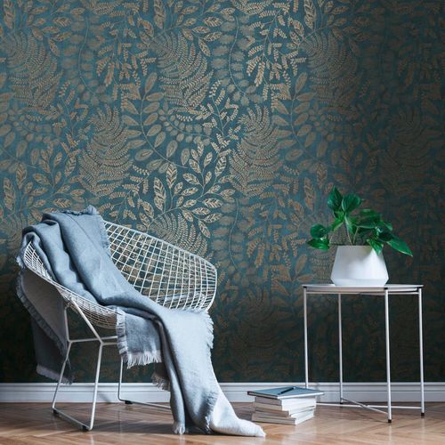 Papier peint nature Profhome 388304-GU papier peint intissé lisse avec des ornements floraux mat bleu or pétrole bleu turquoise 5,33 m2