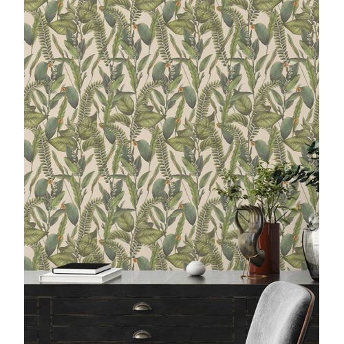 Papier peint floral Profhome 394132-GU papier peint intissé gaufré à chaud légèrement texturé au design de jungle mat crème vert orange 5,33 m2