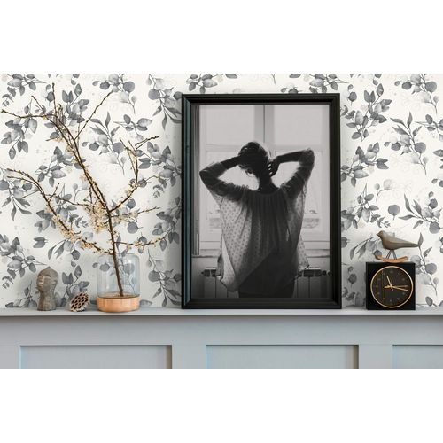Papier peint style country Profhome 397686-GU papier peint intissé lisse avec des ornements floraux et des accents métalliques blanc noir gris argent 5,33 m2