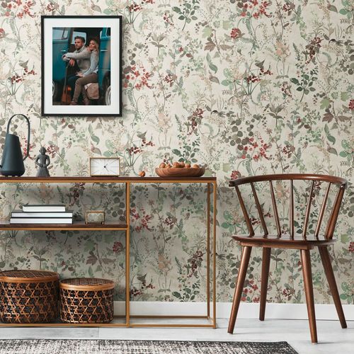 Papier peint floral Profhome 388252-GU papier peint intissé gaufré à chaud texturé avec des ornements floraux mat blanc rouge vert olive beige 5,33 m2