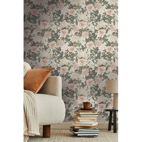 Papier peint floral Profhome 394264-GU papier peint intissé gaufré à chaud légèrement texturé avec des ornements floraux mat gris blanc vert foncé violet bordeaux 5,33 m2