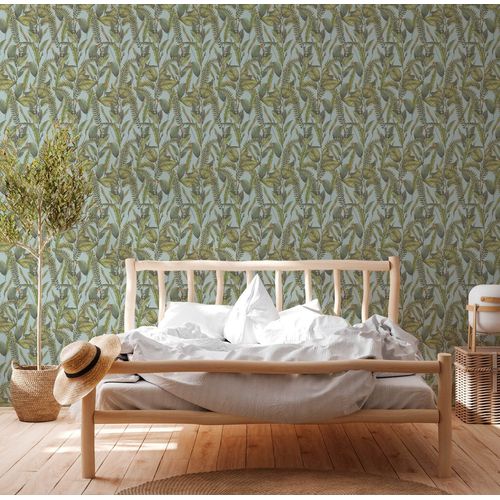 Papier peint floral Profhome 394133-GU papier peint intissé gaufré à chaud légèrement texturé au design de jungle mat bleu vert orange 5,33 m2