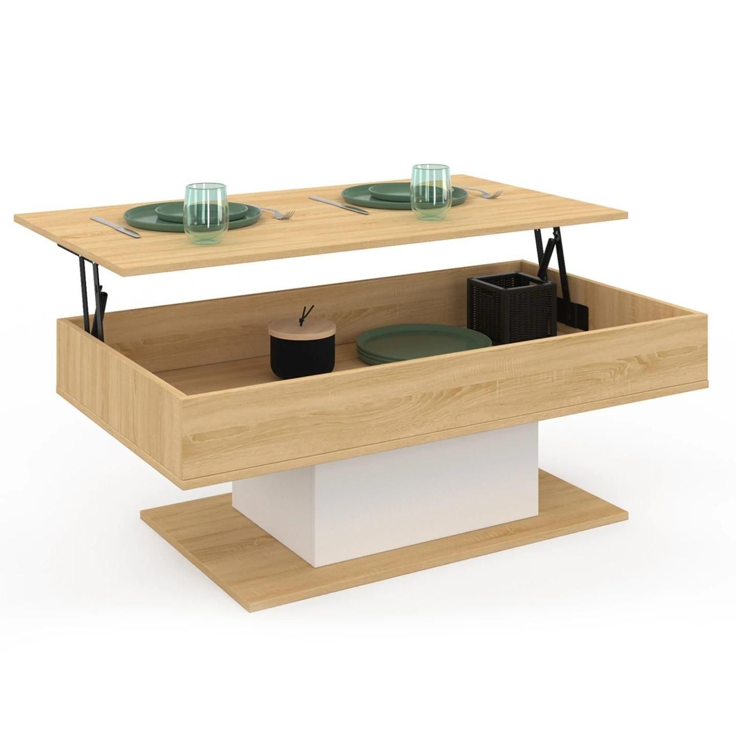 Table Basse Plateau Relevable Eden Bois Et Blanc - 2