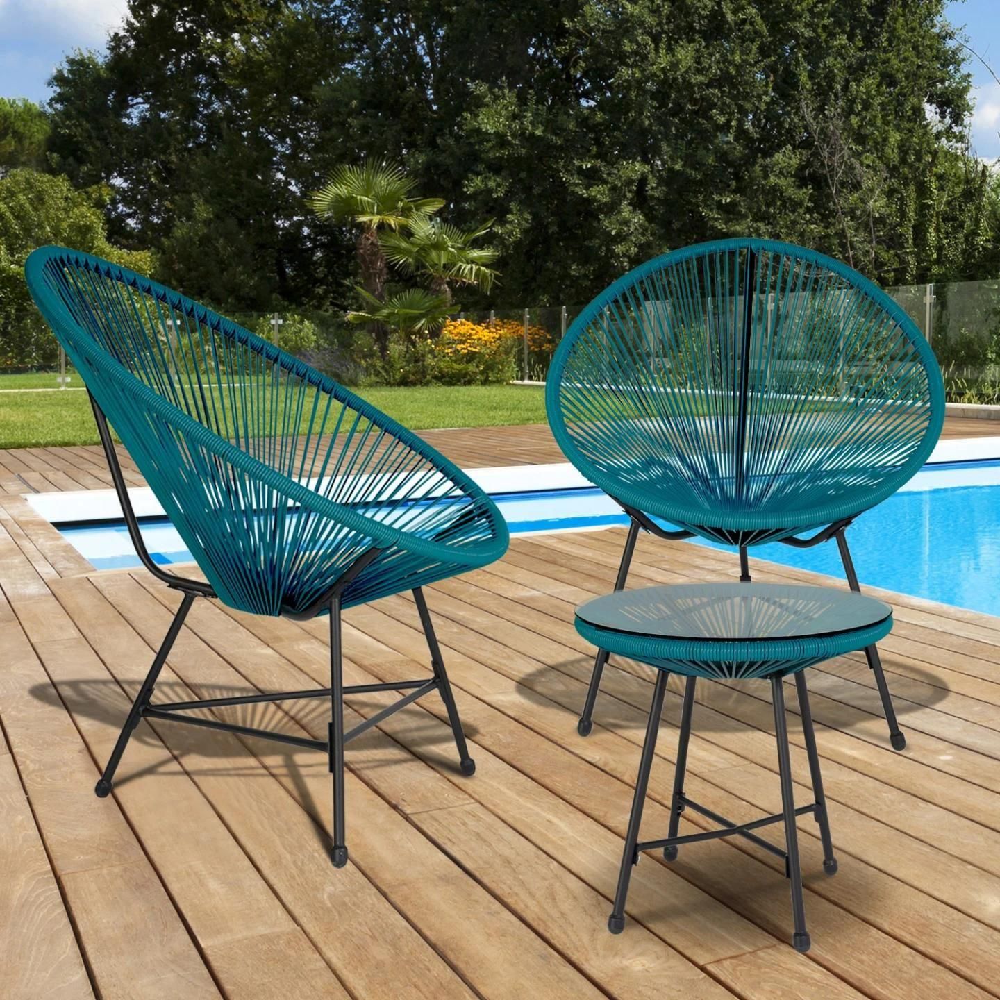 Idmarket Salon De Jardin Izmir Table Et 2 Fauteuils Oeuf Cordage Bleu Canar...