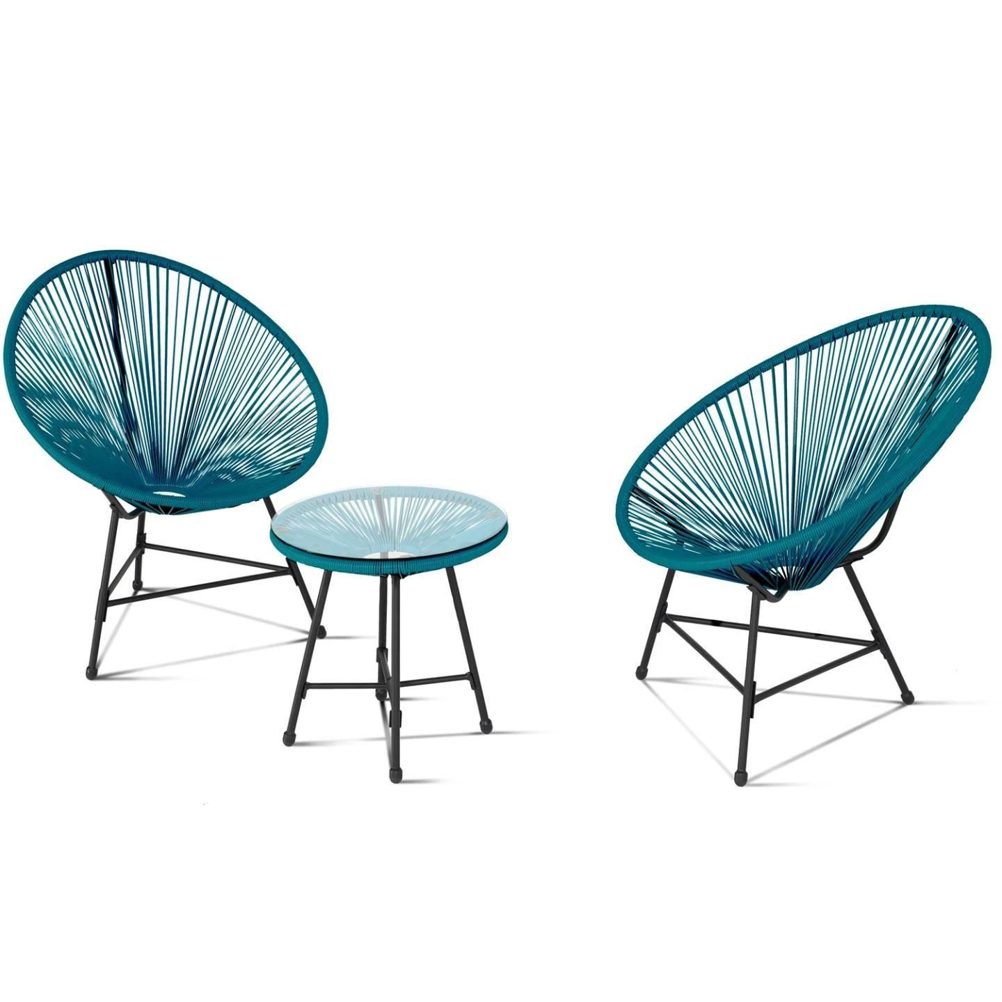 Idmarket Salon De Jardin Izmir Table Et 2 Fauteuils Oeuf Cordage Bleu Canar... - 2