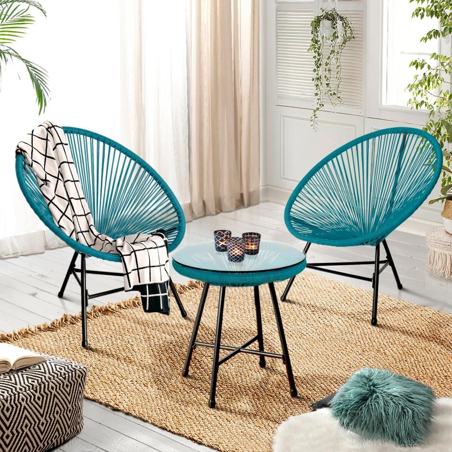 Idmarket Salon De Jardin Izmir Table Et 2 Fauteuils Oeuf Cordage Bleu Canar... - 6