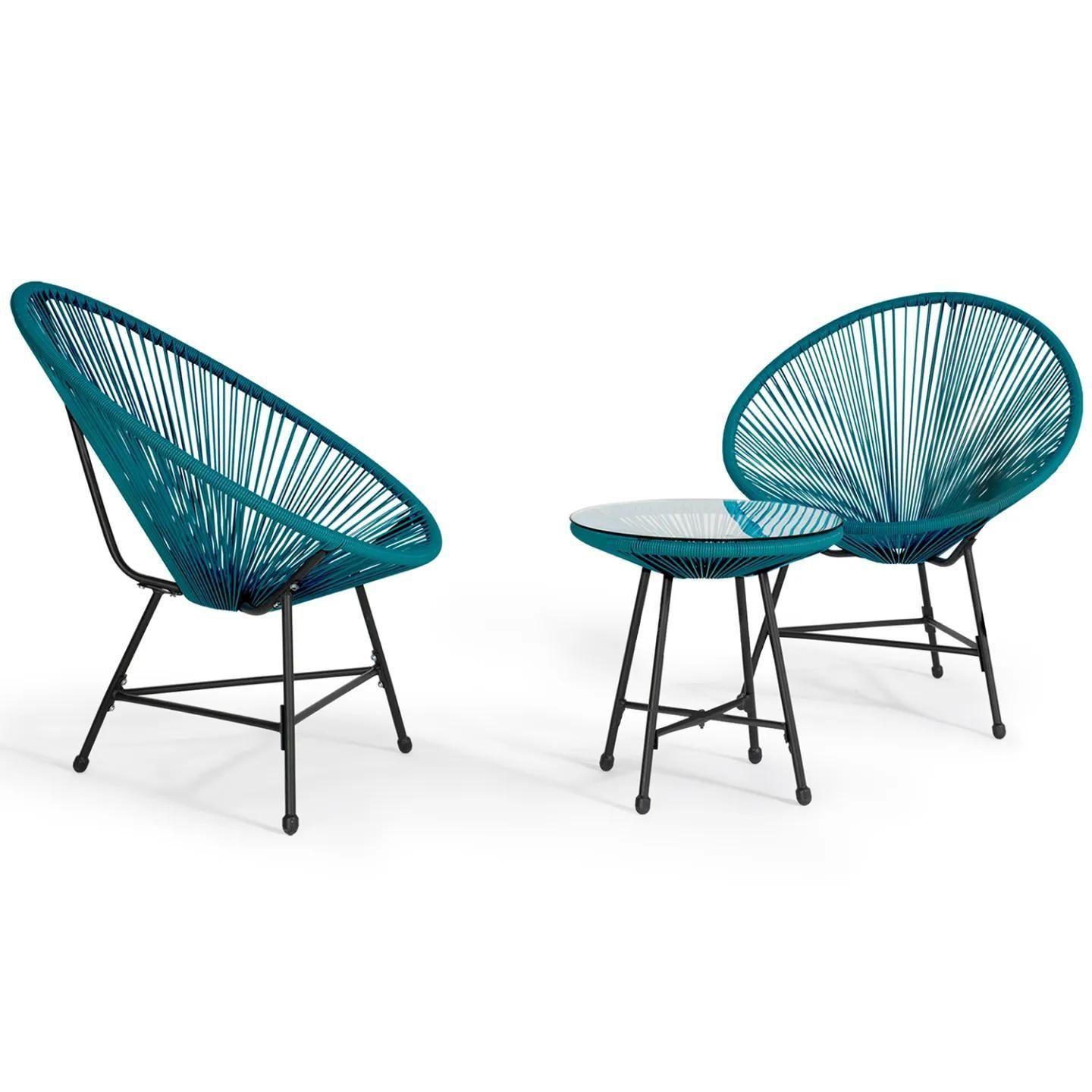 Idmarket Salon De Jardin Izmir Table Et 2 Fauteuils Oeuf Cordage Bleu Canar... - 7