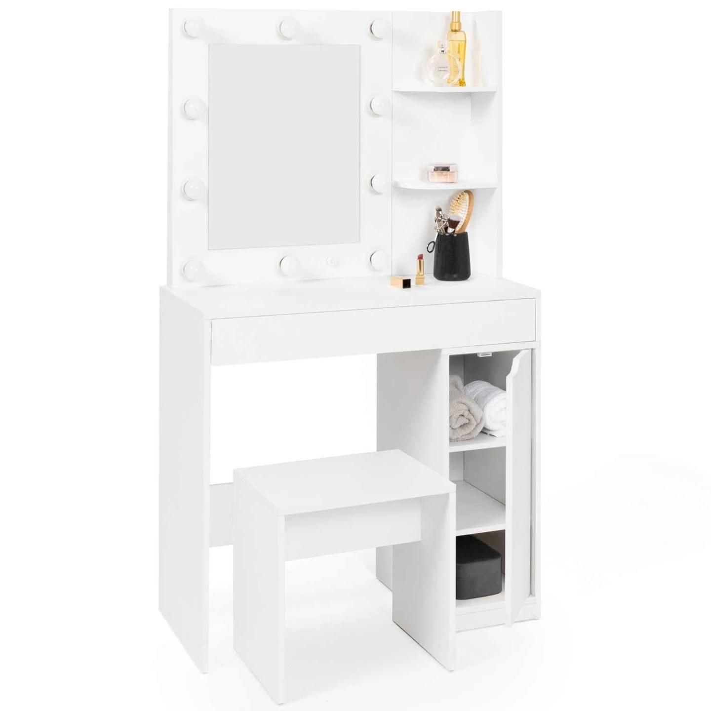 Coiffeuse Zelia Miroir Led Avec 1 Tiroir, tagres, Caisson De Rangement Et... - 2