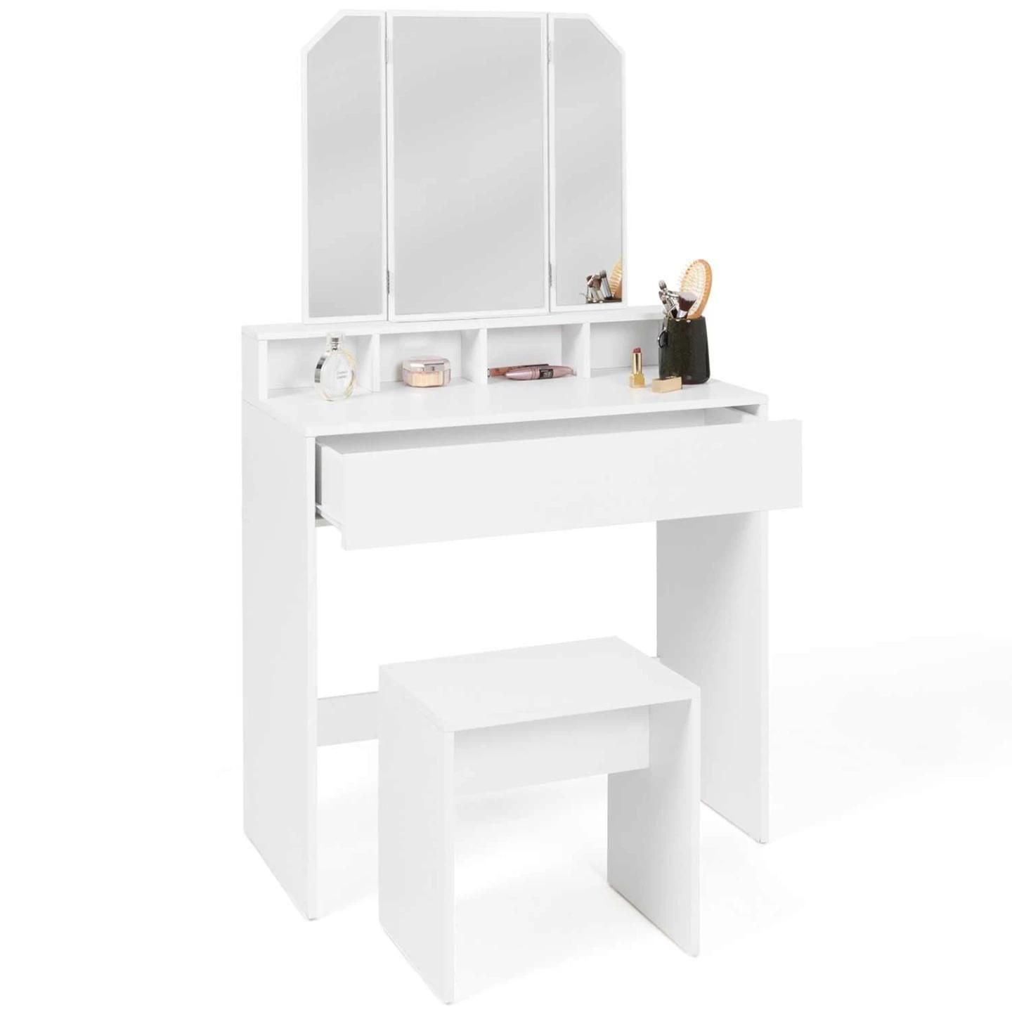 Coiffeuse Zelia 3 Miroirs Avec 4 Niches, 1 Tiroir Et Tabouret - 2