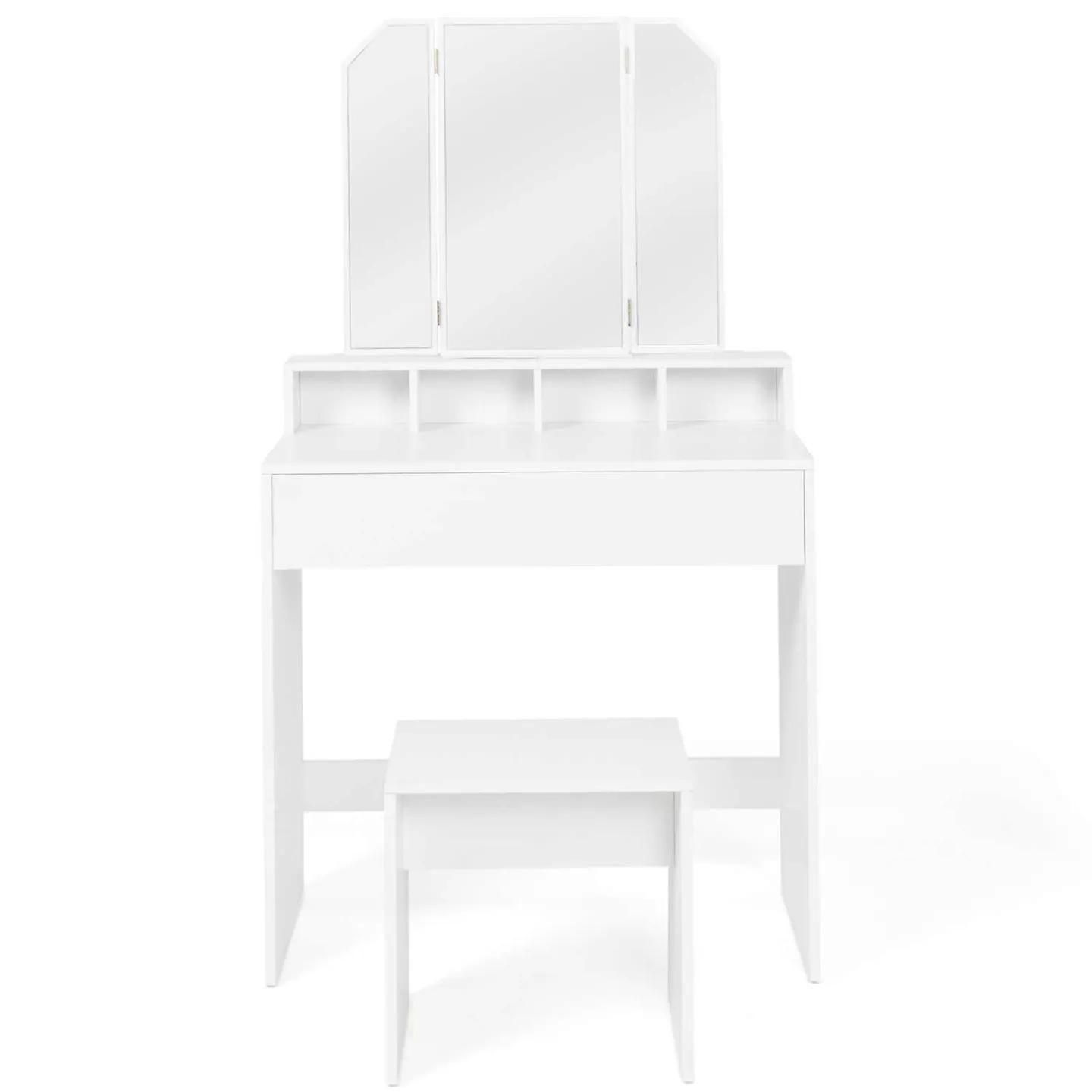 Coiffeuse Zelia 3 Miroirs Avec 4 Niches, 1 Tiroir Et Tabouret - 3