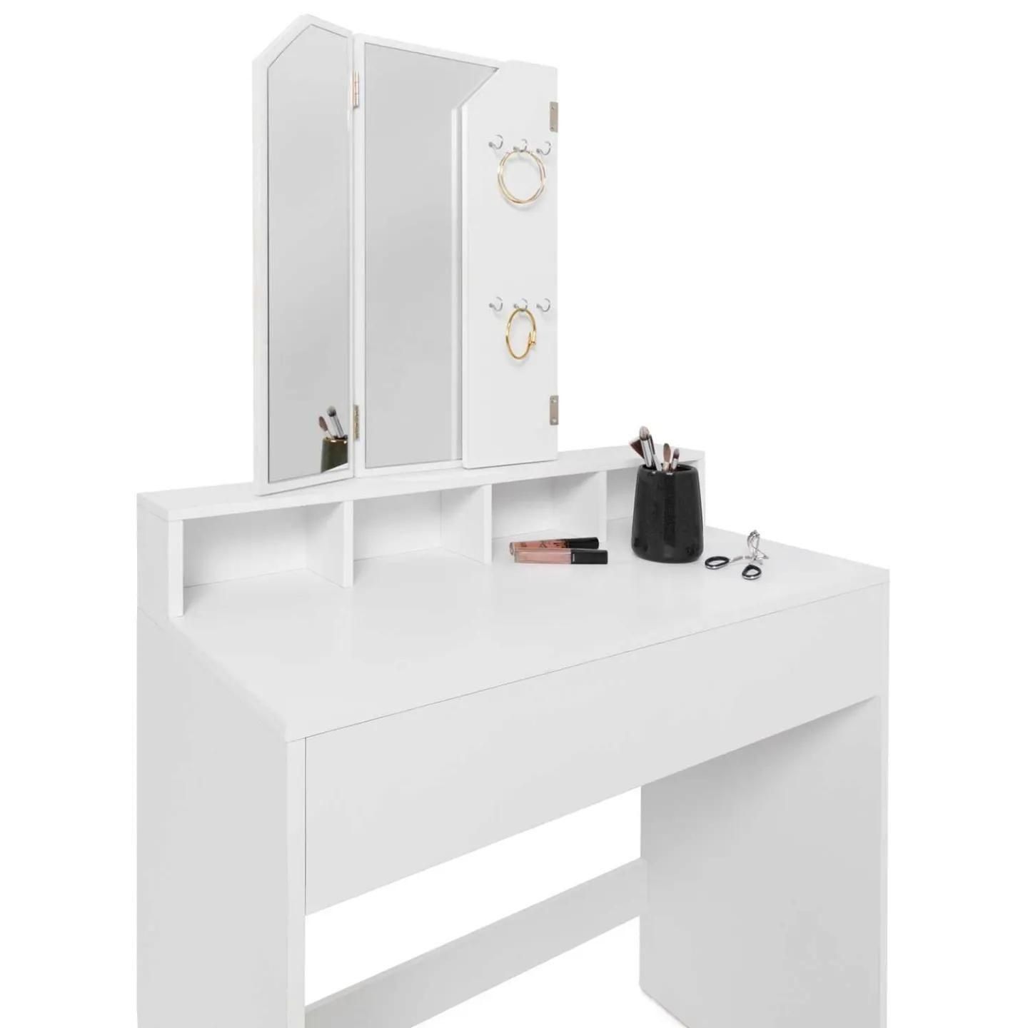 Coiffeuse Zelia 3 Miroirs Avec 4 Niches, 1 Tiroir Et Tabouret - 4