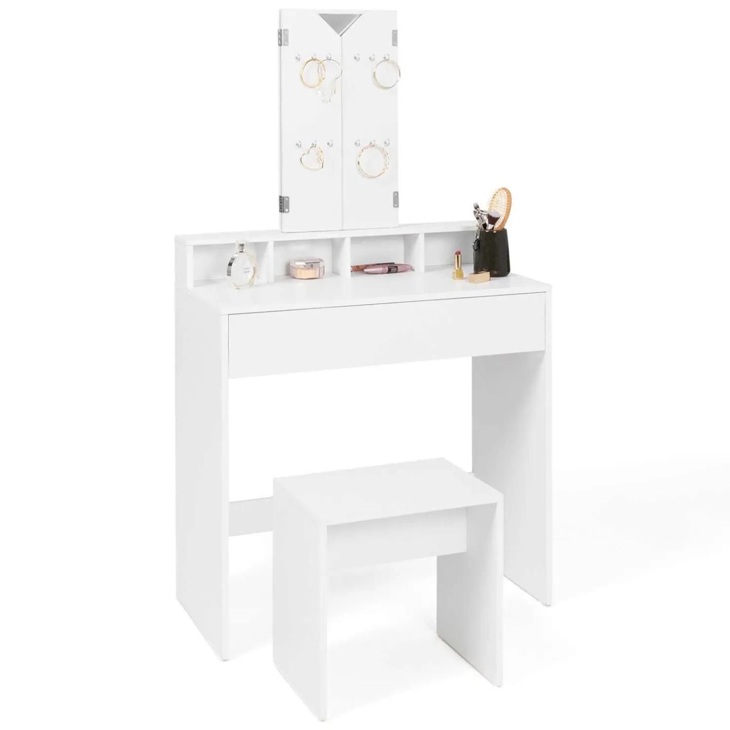 Coiffeuse Zelia 3 Miroirs Avec 4 Niches, 1 Tiroir Et Tabouret - 6