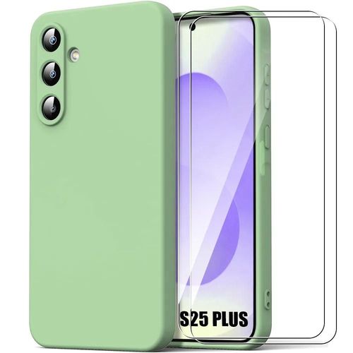 Coque + 2 Verres Trempés Pour Samsung Galaxy S25 Plus (Galaxy S25+), Silicone Liquide Doux Antichoc Vert - E.F.Connection