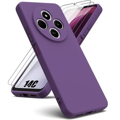Coque Pour Xiaomi Redmi 14c, Protection Silicone Liquide Ultra Slim Souple Effet Mat Violet Foncé + 2 Verres Trempés - E.F.Connection