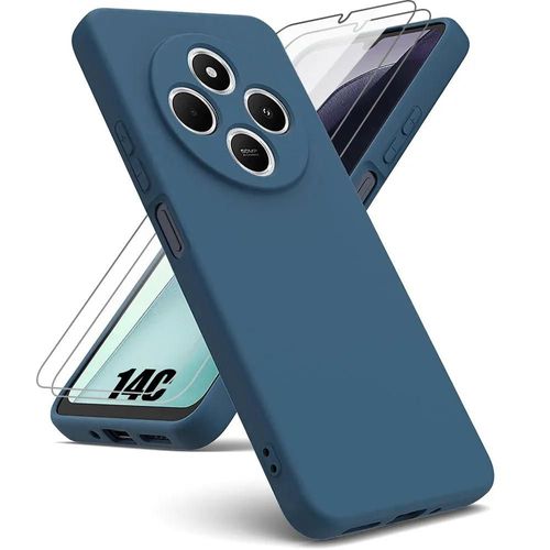 Coque + 2 Verres Trempés Pour Xiaomi Redmi 14c - Silicone Liquide Protection Slim Anti-Rayures Bleu Marine - E.F.Connection