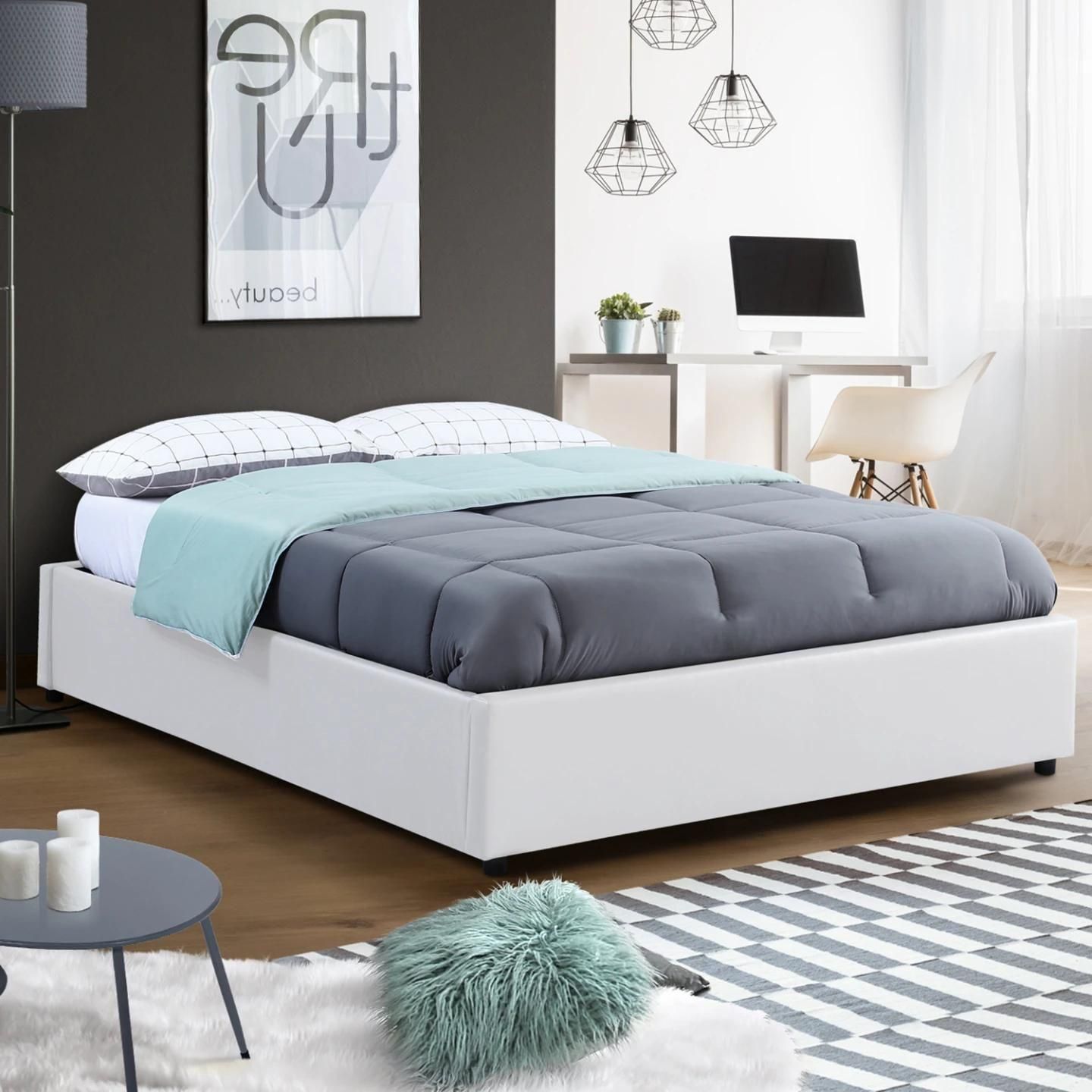 Lit Coffre Double Miami Avec Sommier 140 X 190 Cm Pvc Blanc - 4
